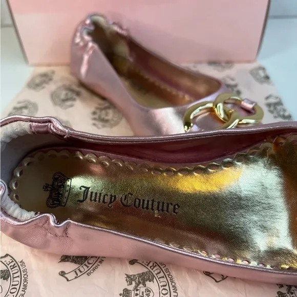 Juicy Couture Girls Pink Metallic w/Gold Ring Detail Ballet Flats Size 3