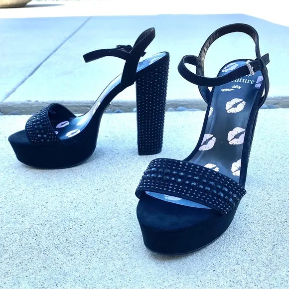 JUICY COUTURE Oliver heels platform sandals black rhinestone studded strappy 10