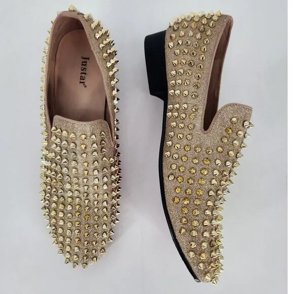 Justar Men's Gold Leather Spike Loafers Size 9