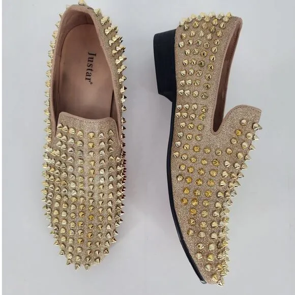 Justar Men's Gold Leather Spike Loafers Size 9