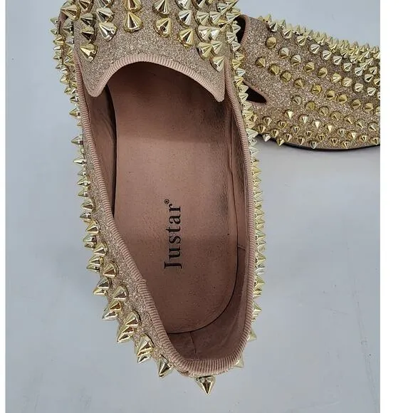Justar Men's Gold Leather Spike Loafers Size 9