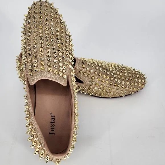 Justar Men's Gold Leather Spike Loafers Size 9