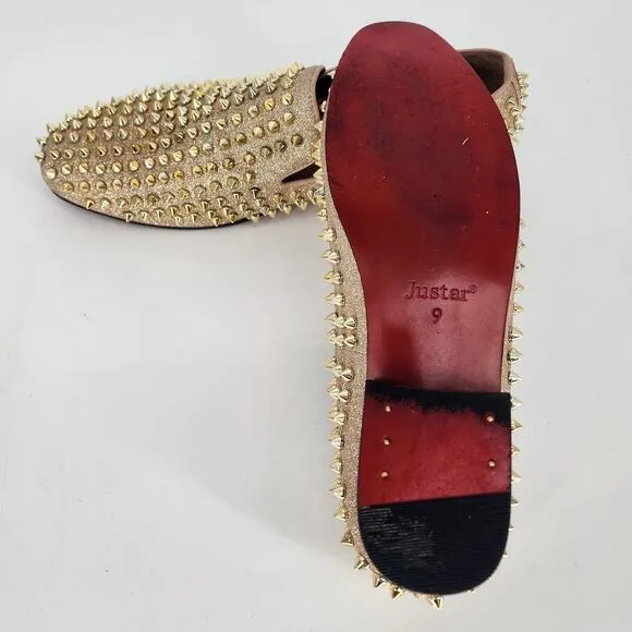 Justar Men's Gold Leather Spike Loafers Size 9