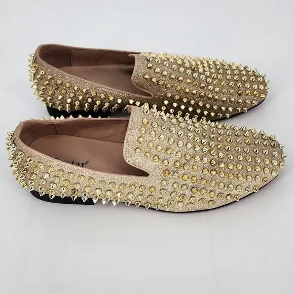 Justar Men's Gold Leather Spike Loafers Size 9