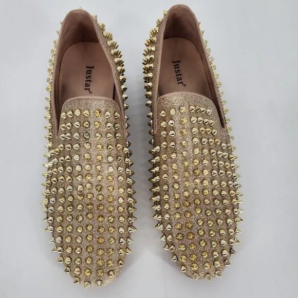 Justar Men's Gold Leather Spike Loafers Size 9
