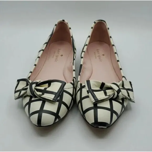 Kate Spade Black &amp; White Suki Bow Pointed Toe Windowpane Plaid Ballet Flats 7.5M
