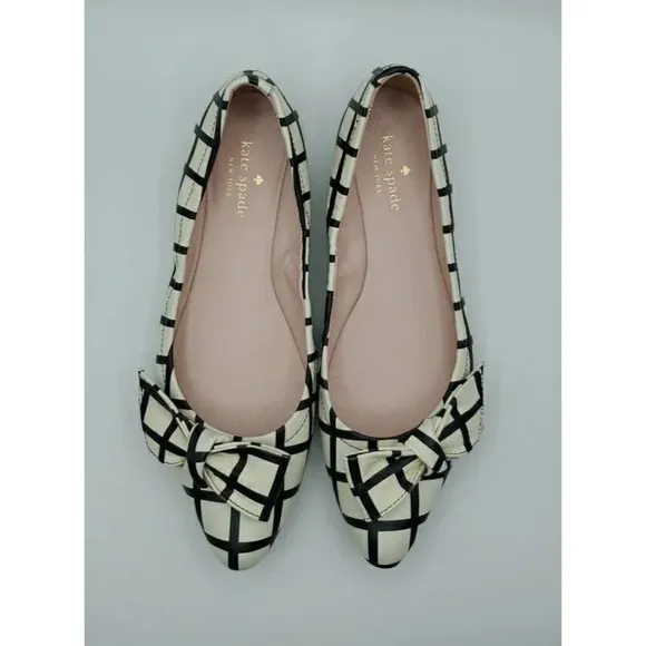 Kate Spade Black &amp; White Suki Bow Pointed Toe Windowpane Plaid Ballet Flats 7.5M