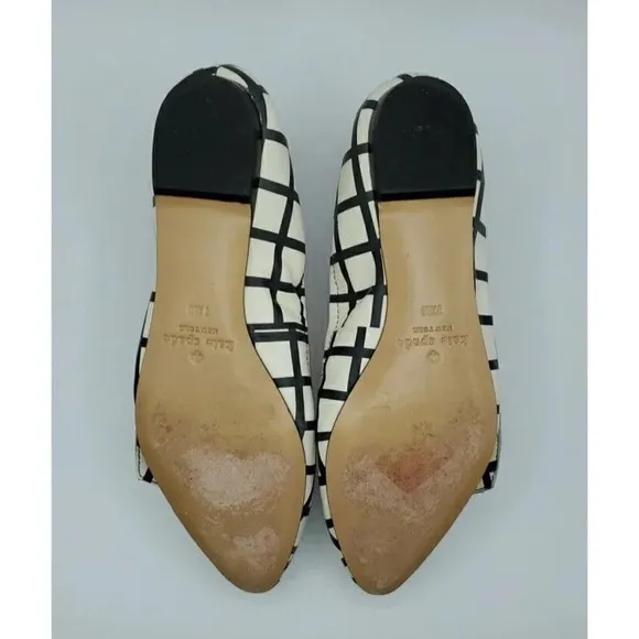 Kate Spade Black &amp; White Suki Bow Pointed Toe Windowpane Plaid Ballet Flats 7.5M