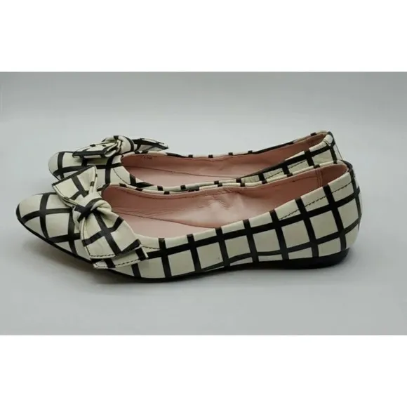 Kate Spade Black &amp; White Suki Bow Pointed Toe Windowpane Plaid Ballet Flats 7.5M
