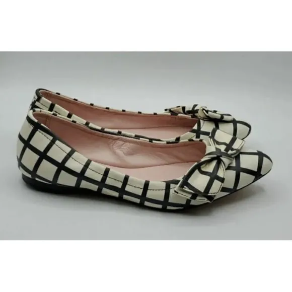 Kate Spade Black &amp; White Suki Bow Pointed Toe Windowpane Plaid Ballet Flats 7.5M