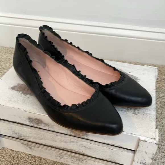 Kate Spade Nicole Leather Pointed Toe Ruffled Ballet Flats