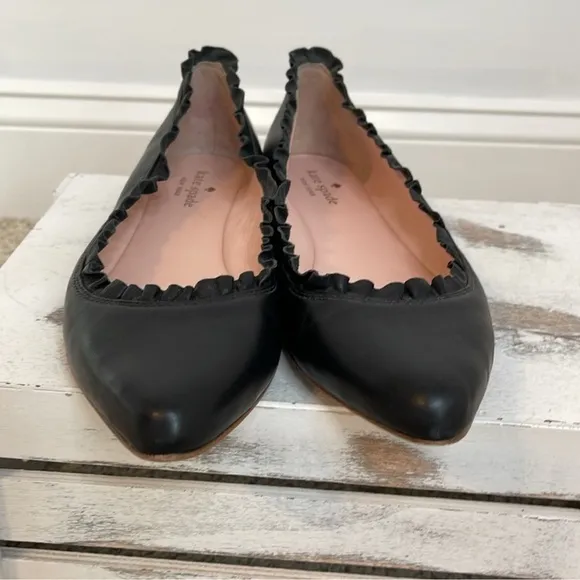 Kate Spade Nicole Leather Pointed Toe Ruffled Ballet Flats