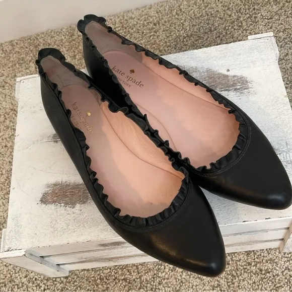 Kate Spade Nicole Leather Pointed Toe Ruffled Ballet Flats
