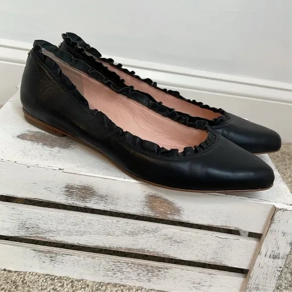 Kate Spade Nicole Leather Pointed Toe Ruffled Ballet Flats