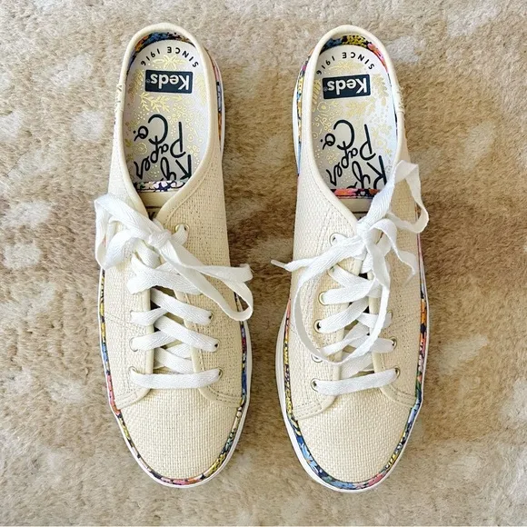 Keds Rifle Paper Co Triple Kick Natural Raffia Floral Flatform Sneaker Mule Sz 8