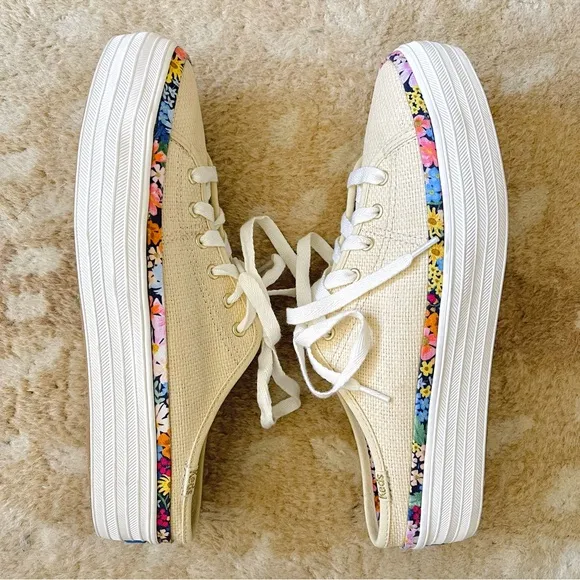 Keds Rifle Paper Co Triple Kick Natural Raffia Floral Flatform Sneaker Mule Sz 8