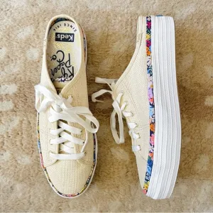 Keds Rifle Paper Co Triple Kick Natural Raffia Floral Flatform Sneaker Mule Sz 8