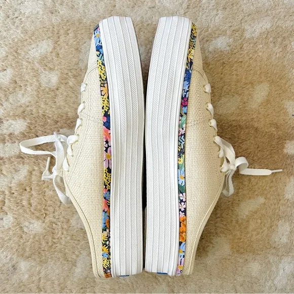 Keds Rifle Paper Co Triple Kick Natural Raffia Floral Flatform Sneaker Mule Sz 8