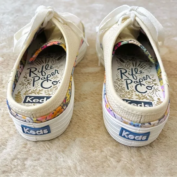 Keds Rifle Paper Co Triple Kick Natural Raffia Floral Flatform Sneaker Mule Sz 8