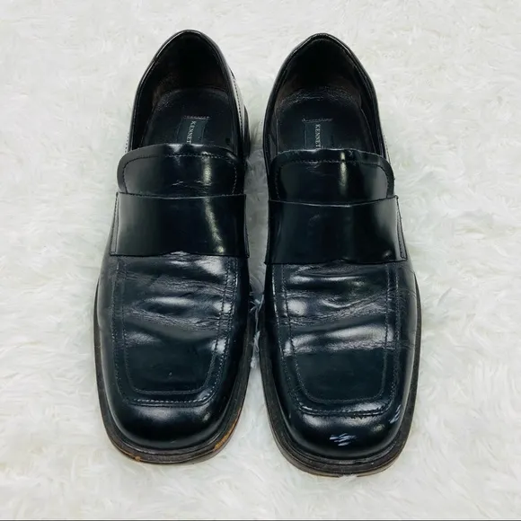 KENNETH COLE made in italy black leather mens flat loafers dress shoes size 9.5