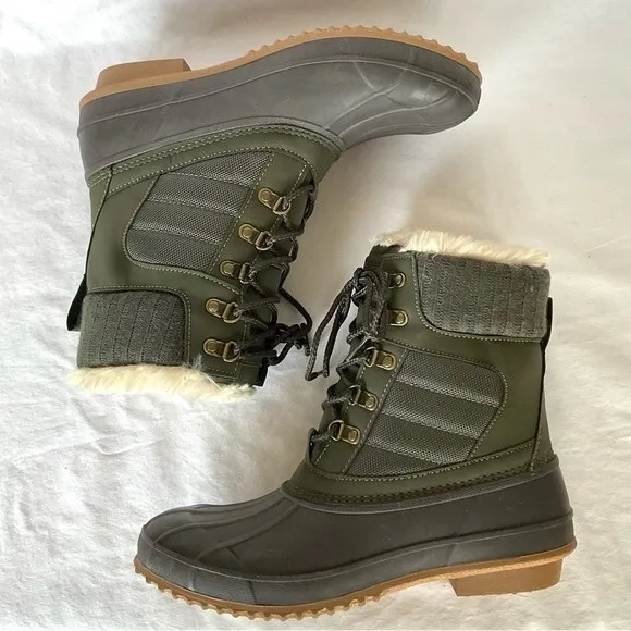 Khombu Faux Fur Duck Boots Booties Kathleen Waterproof Olive Green Sz 11 New