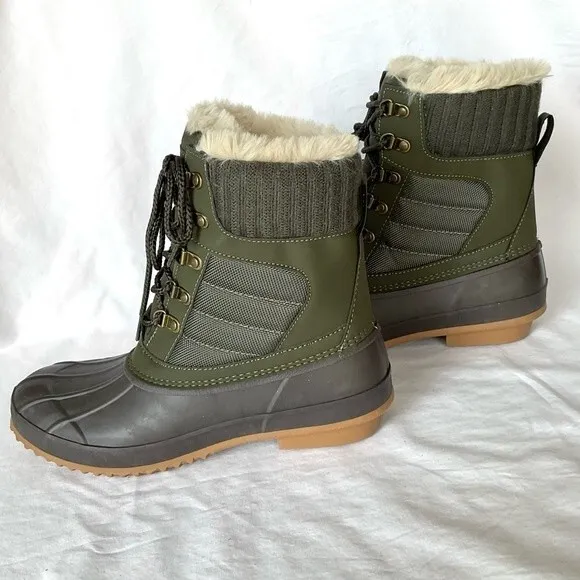 Khombu Faux Fur Duck Boots Booties Kathleen Waterproof Olive Green Sz 11 New