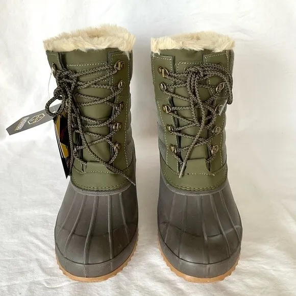 Khombu Faux Fur Duck Boots Booties Kathleen Waterproof Olive Green Sz 11 New
