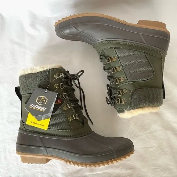 Khombu Faux Fur Duck Boots Booties Kathleen Waterproof Olive Green Sz 11 New