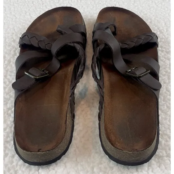 KOHL’S • Dark Brown Leather Strappy Criss-Cross Slide Sandals