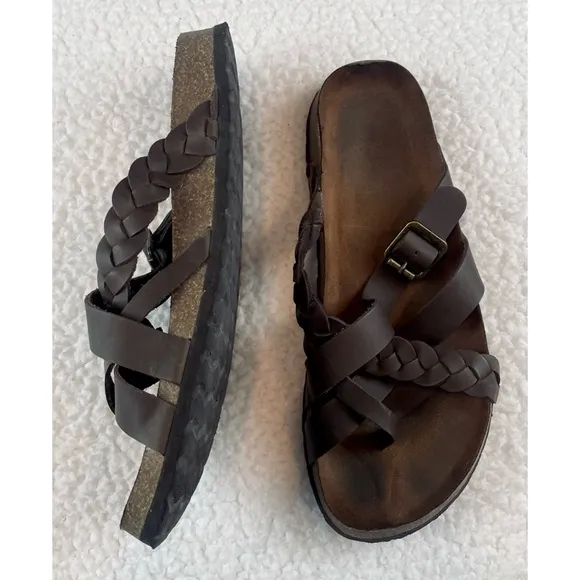 KOHL’S • Dark Brown Leather Strappy Criss-Cross Slide Sandals