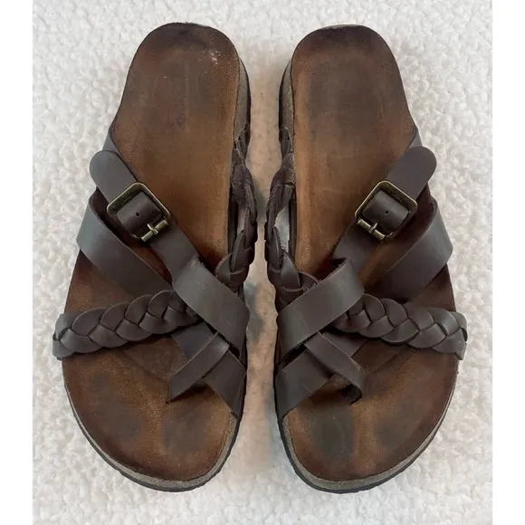 KOHL’S • Dark Brown Leather Strappy Criss-Cross Slide Sandals
