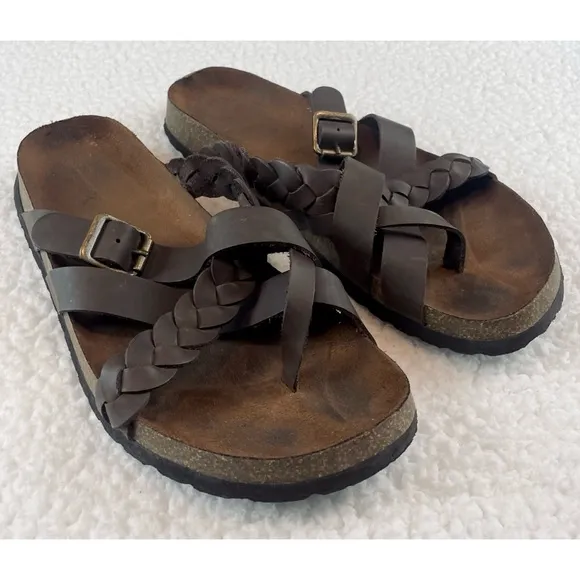 KOHL’S • Dark Brown Leather Strappy Criss-Cross Slide Sandals