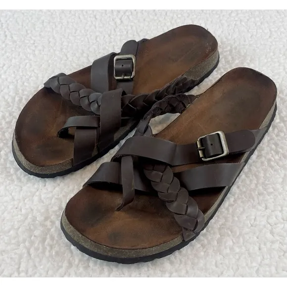 KOHL’S • Dark Brown Leather Strappy Criss-Cross Slide Sandals