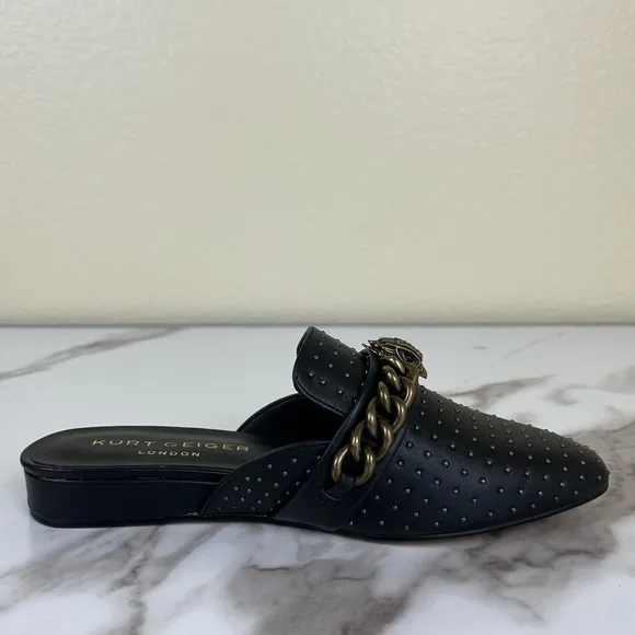 Kurt Geiger Black Cow Leather Chelsea Mule NEW Flats Chain Studded Pointed Toe