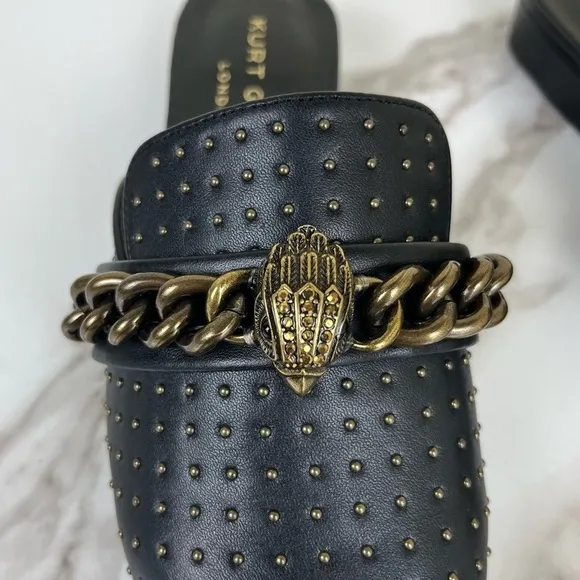 Kurt Geiger Black Cow Leather Chelsea Mule NEW Flats Chain Studded Pointed Toe