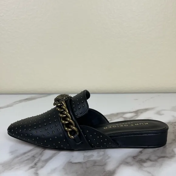 Kurt Geiger Black Cow Leather Chelsea Mule NEW Flats Chain Studded Pointed Toe