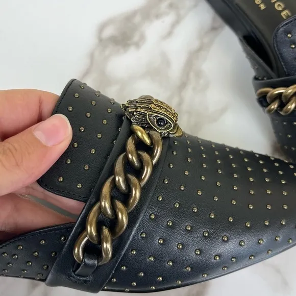 Kurt Geiger Black Cow Leather Chelsea Mule NEW Flats Chain Studded Pointed Toe