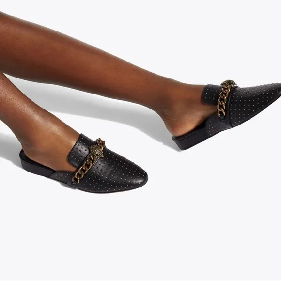 Kurt Geiger Black Cow Leather Chelsea Mule NEW Flats Chain Studded Pointed Toe