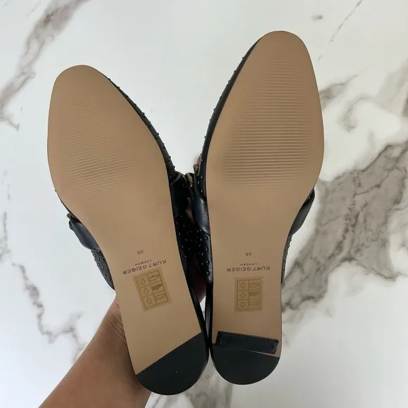 Kurt Geiger Black Cow Leather Chelsea Mule NEW Flats Chain Studded Pointed Toe