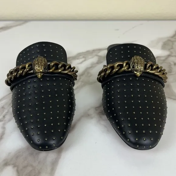 Kurt Geiger Black Cow Leather Chelsea Mule NEW Flats Chain Studded Pointed Toe