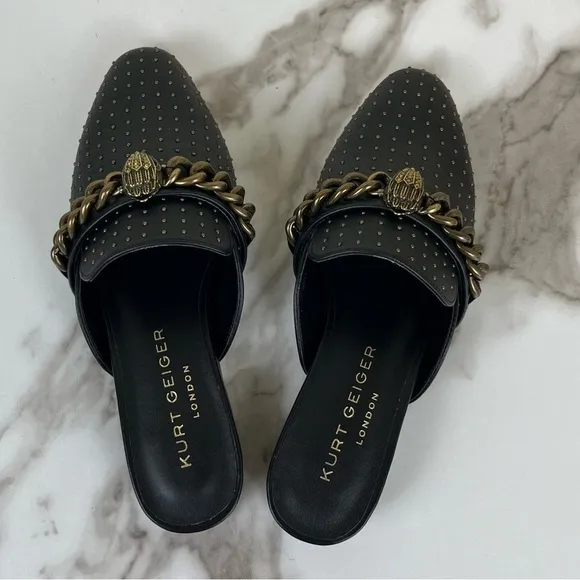 Kurt Geiger Black Cow Leather Chelsea Mule NEW Flats Chain Studded Pointed Toe