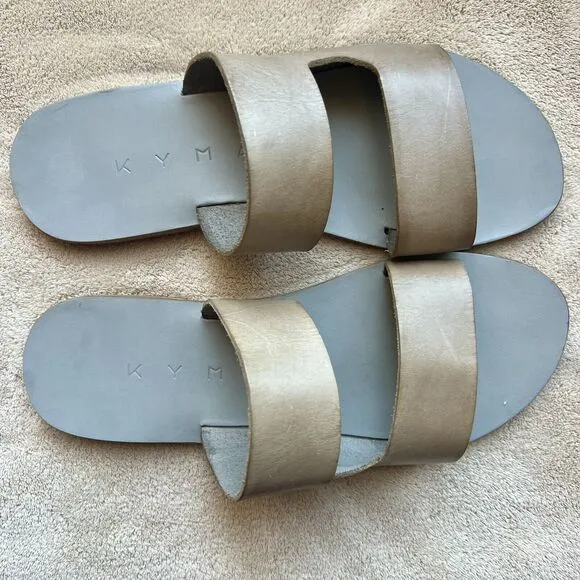 KYMA Lesvos Taupe Leather Handmade In Greece Gray Leather Flat Sandal EU 37 US 7