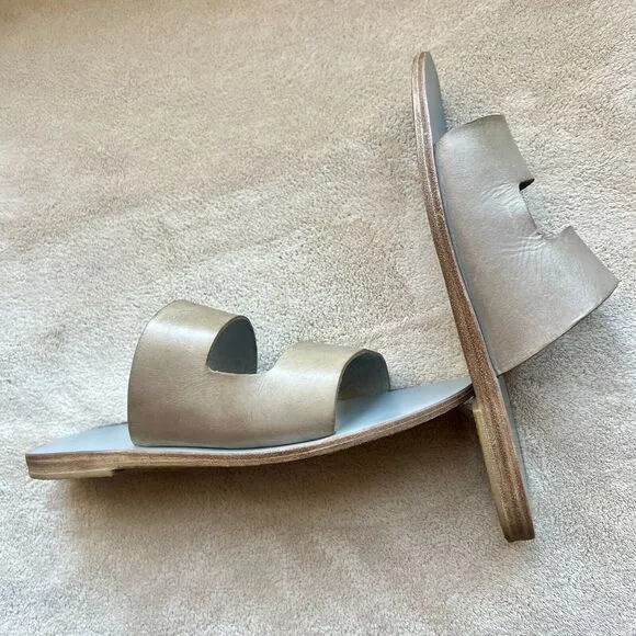 KYMA Lesvos Taupe Leather Handmade In Greece Gray Leather Flat Sandal EU 37 US 7