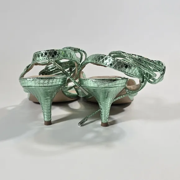L Jewel Badgley Mischka Nolin Metallic Green Ankle Wrap Thong Sandals Heels Sz 6