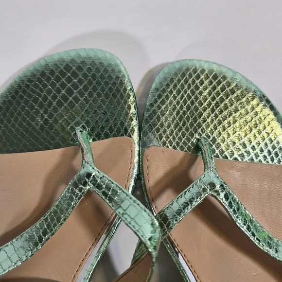 L Jewel Badgley Mischka Nolin Metallic Green Ankle Wrap Thong Sandals Heels Sz 6
