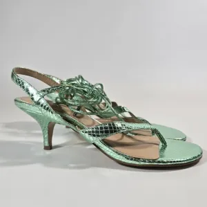 L Jewel Badgley Mischka Nolin Metallic Green Ankle Wrap Thong Sandals Heels Sz 6