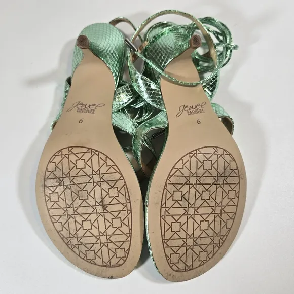 L Jewel Badgley Mischka Nolin Metallic Green Ankle Wrap Thong Sandals Heels Sz 6