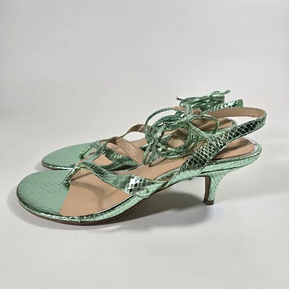 L Jewel Badgley Mischka Nolin Metallic Green Ankle Wrap Thong Sandals Heels Sz 6