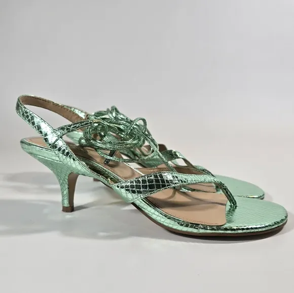L Jewel Badgley Mischka Nolin Metallic Green Ankle Wrap Thong Sandals Heels Sz 6