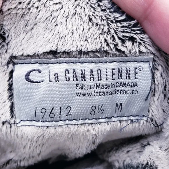 LA CANADIENNE Fur Lined Ruched Black Leather Mid Calf Winter Snow Boots Size 8.5